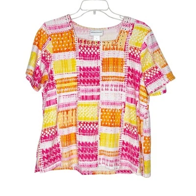 Alfred Dunner Wms Med Pink Orange Rectangle Print Square Neck Embellished Top - Image 1 of 4