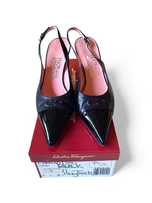 VTG Salvatore Ferragamo Carisa 8.5B Black Leather Patent Slingback Heels w/ Box - Image 1 of 4