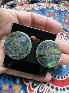 Vintage Abalone Silver Earrings Pierced Post Sterling Button Disc Lrg Statement - Picture 1 of 3