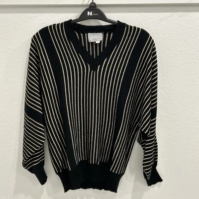 VTG Women’s Joyce Pullover Sweater Size L Long Sleeves Black Gold Stripe Design - Image 1 of 4