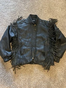 Giacca moto vintage Harley Davidson trapuntata pelle frange donna taglia 42 - Foto 1 di 9