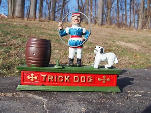 Vintage Trick Dog Cast Iron Mechanical Coin Bank Jumping Dog Reproduction Works - Picture 1 of 11