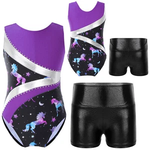 Kids Girls Leotard And Shorts Training Outfit Pattern Bodysuit Skating Rompers - Picture 1 of 23