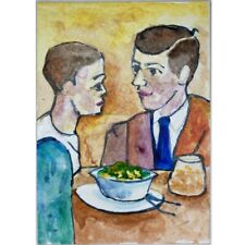 ACEO ORIGINAL PAINTING Mini Collectible Art Card People Mens Food Dinner Ooak