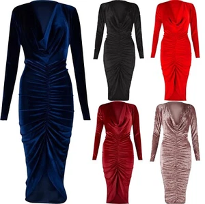 Vestido midi ceñido al cuerpo acanalado de terciopelo para mujer manga larga cuello capucha vestido elegante - Imagen 1 de 6