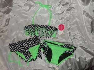NWT ~ JUSTICE 3 pc Neon green black & white swimsuit (2 bottoms 1 top) Girl's 5 - Picture 1 of 2