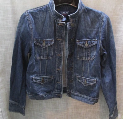 CHAPS DENIM WOMENS JEAN JACKET SZ M BUTTON-UP 4-POCKET MEDIUM WASH 3-BUTTON CUFF — 第 1/4 张图片