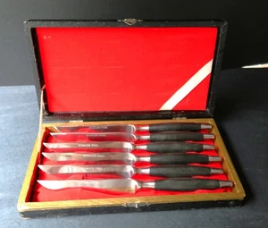 Vintage Wikinger Handarbeit MCM Edelstahl 6er Set Steakmesser in Box - Bild 1 von 18