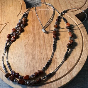 Vintage Amber and Earth tones two strand that are Silver toned Necklace J110 - Picture 1 of 3