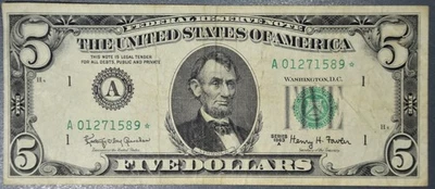 1963-A $5 FEDERAL RESERVE NOTE Boston⭐Star Note⭐ Fr# 1968-A* Grade:  F A5641 - Image 1 of 2