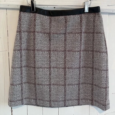 Ann Taylor Petite Sz 8P Faux Leather Waist Band Burgundy Plaid A-Line Skirt - Image 1 of 4