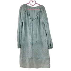 Sundance Coastland Embroidered Eyelet Dress Sz M Coastal Boho Tassels Seafoam - Picture 1 of 6