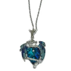 DRAGON HOLDING HEART indigo rhinestone charm pendant necklace, DnD TTRPG gift - Picture 1 of 3