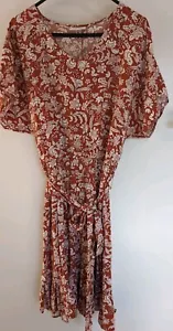 Jeanswest Women's Dress Sz 10 Brown Floral Stretch Waist Self Tie Ruffled Hem - Picture 1 of 12