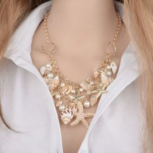 Starfish Seashell Necklace Pearls Beach Nautical Statement Bib Jewelry Chain - Picture 1 of 5