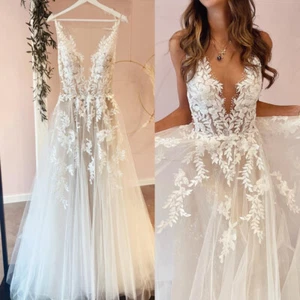 Sexy A-Line Backless Wedding Dress Customized Lace Applique Beaded - Picture 1 of 8