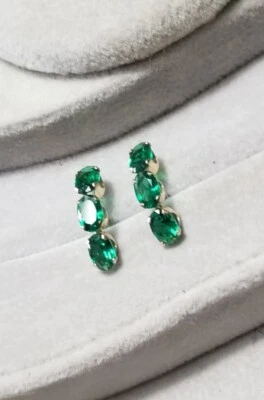 $450 Ross Simon 14k Yellow Gold Green Emerald curve 3 stone earrings lab created - Image 1 of 4