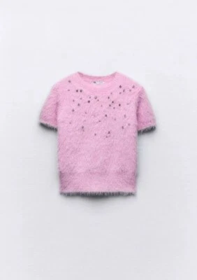 NEW ZARA CROP FURRY SWEATER PINK PULLOVER SHORT SLEEVES TOP RHINESTONES SZ S - Image 1 of 4