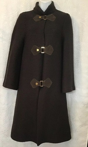 Cappotto in pelle Tory Burch lungo marrone lavorato a maglia misto lana cinturini manica larga taglia S