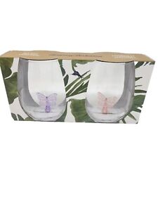 Tommy Bahama Stemless Acrylic Wine Glasses Butterfly Inside.. Set Of 2 New