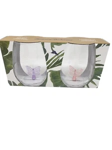 Tommy Bahama Stemless Acrylic Wine Glasses Butterfly Inside.. Set Of 2 New - Picture 1 of 7