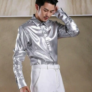 Men's Silky Dress Shirt Tops Metallic Shiny Wet Look Long Sleeve Stage Costume - Picture 1 of 8