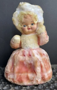 RARE! VINTAGE Rubber Face STUFFED Blonde GIRL PAJAMA BAG Doll Pink Bonnet 1960’s - Picture 1 of 15