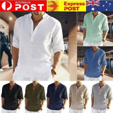 Men Casual Cotton Linen Blouse Tops Loose Fitting Shirts Long Sleeve T-Shirt AU