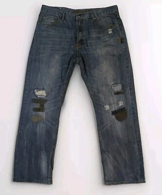 Pantalones de mezclilla desgastados rasgados destruidos remendados remaches antiguos 38x32 rectos  Foto 1 de 4