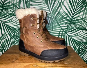 Sorel Tivoli braune wasserdichte Sherpa-gefütterte Damenstiefel aus Leder 8 - Bild 1 von 10