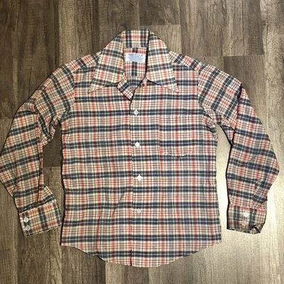 Camisa de Colección Años 70 Sears Perma Prest Niños 10 Cuadros Botón Frontal Cuello Daga Foto 1 de 4
