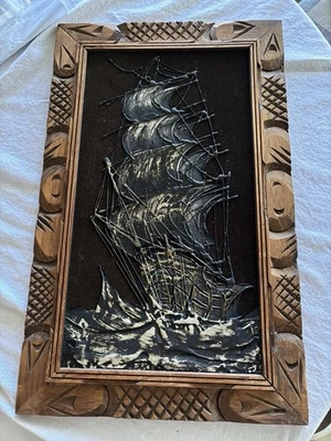 VTG Mexican Framed Painting On Black Velvet Galleon Ship MCM Hand Carved Frame - Image 1 of 4
