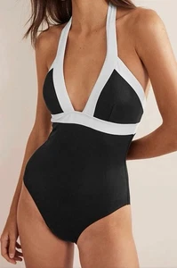 Boden Ithaca Swimsuit Black Ivory Size 14 Regular Padded Plunge Halter Neck New - Picture 1 of 12