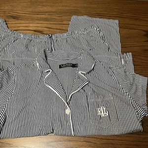 Lauren Ralph Lauren Pajama Set Women’s M Navy Blue Stripe Cozy Jersey Knit Logo - Picture 1 of 13