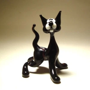Blown Glass Art Figurine Animal Small Black Kitten CAT with White Face & Tail Up - Picture 1 of 6