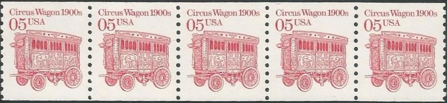 Coil strip of 5 stamps - Scott 2452 - 5 cent - Circus Wagon - 1991 - MNH - Image 1 of 1