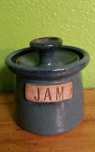 Vtg La Mesa, California HANDTHROWN CREATIVE STONEWARE JAM JAR W/LID BLUE - Picture 1 of 8