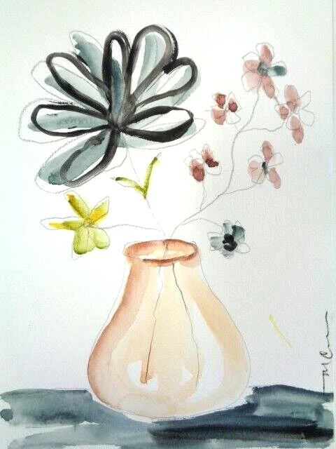 OOAK  -  MINIMALISM CONTEMPORARY URBAN  FLOWERS IN VASE  Watercolor Painting ART - Image 1 of 1