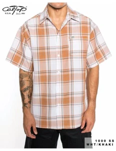 CAL TOP White Khaki Shirt Short SLEEVE Button Front Old School Flannel - Picture 1 of 4