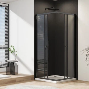 Dusche Schwarz/Silber schiebetür Eckeinstieg 90x75/90x80 Duschkabine ESG 90x90cm - Bild 1 von 23