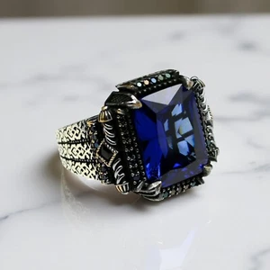 Statement Men Ring 925 Sterling Silver Blue Zircon Stone Handmade Jewelry - Picture 1 of 6