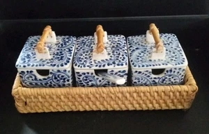Vintage Blue & White Ceramic Mayo Jam Jelly Jar Condiment Set Basket Holder - Picture 1 of 8