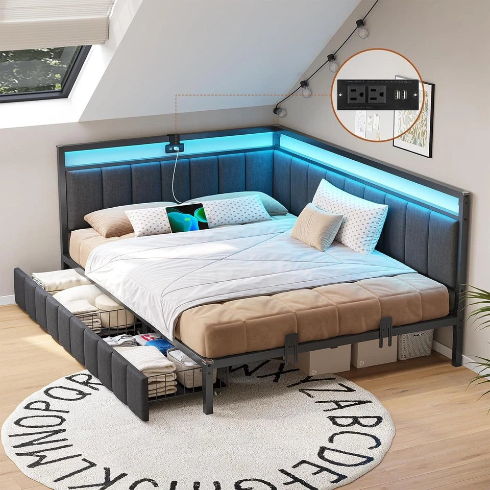 Full Size Corner Bed Frame with Drawers,Charging Station,Led Lights,Metal Daybed - Image 1 of 4
