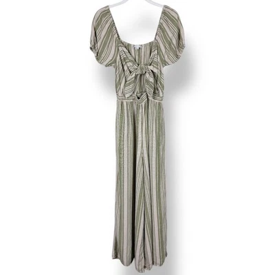 Mono American Eagle Mezcla de Lino Verde Rayas Manga Corta Corbata Busto Pierna Ancha Foto 1 de 4