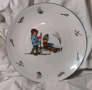 VINTAGE PIER 1 GERMANY Children’s Plate Winter Sledding and Skiing - Picture 1 of 8