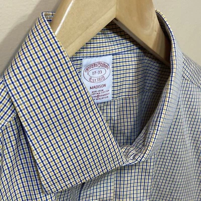 Brooks Brothers 1818 MADISON Shirt XL 17 33 Button Up Blue Yellow Non Iron Flex - Image 1 of 4