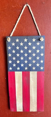 Handmade And Painted Primitive Patriotic Wood Hanging Sign American Flag Style - Image 1 of 4