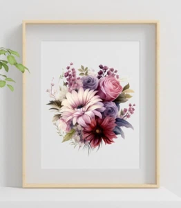 Blumen Wandkunst Druck, Burgunder und Rosa Blumen Wandkunst Dekor Druck, Wohnkultur - Bild 1 von 2