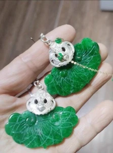 Chinese Style Tibetan Silver Inlaid Natural Jade Earrings Lucky Jewelry Gifts - Picture 1 of 20