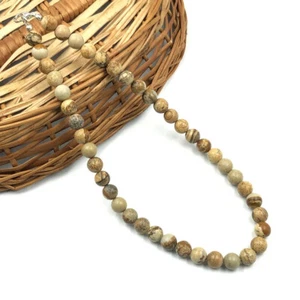 Natural Picture Jasper 8mm Round Shape Beaded Gemstone Handmade Unisex Necklace - Picture 1 of 6